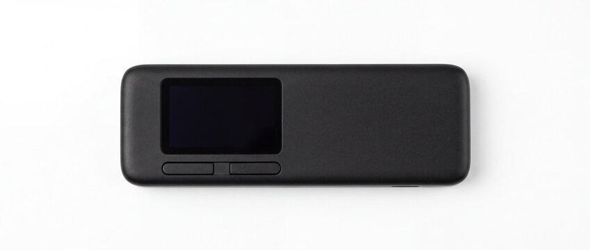 Minimalist black digital hardware wallet featuring a compact screen and two physical buttons designed for secure cryptocurrency storage on white background.