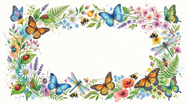 Botanical Spring Insect Frame with Monarch Butterfly Bumblebee Caterpillar and Blossom Flowers