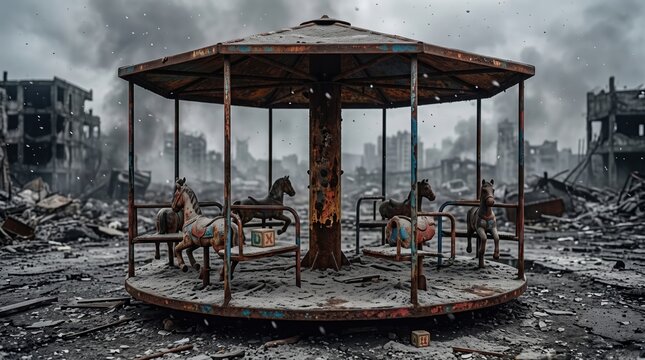 Rusty abandoned carousel standing in a ruined city after war and conflict