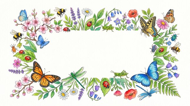 Watercolor Spring Frame with Butterflies Bees Dragonfly and Wildflowers on White Background