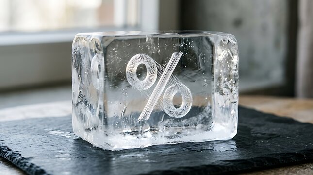 A clear ice cube with a percent sign etched into it sits on a black slate plate in a modern room.