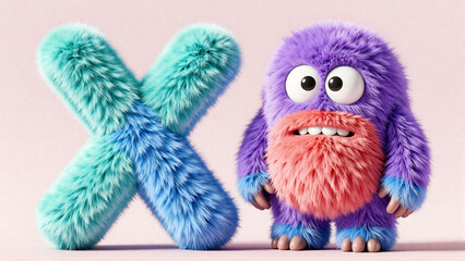 Fototapeta premium Adorable 3D Furry Creatures Featuring a Purple Monster and Teal X Shape