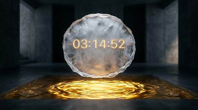 A glowing crystal ball with a countdown timer sits atop a golden circle in a dark room.