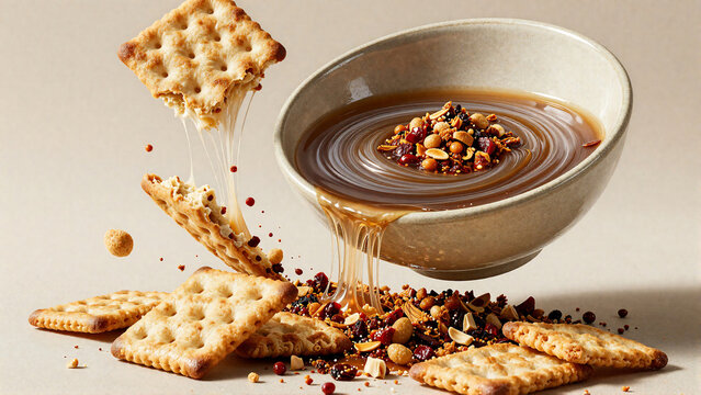 Delicious Caramel Sauce and Crackers Falling into a Bowl
