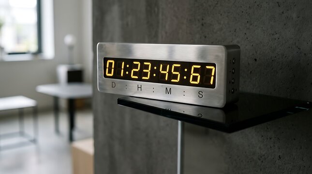 A digital clock displaying time in a modern office setting with a blurred background.