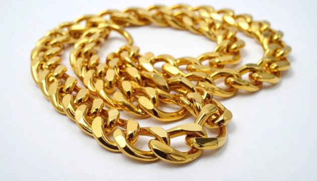 Gleaming, thick gold chain laid on a white surface, showcasing the links' texture and shine