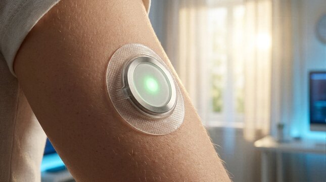 Close up of a patient's arm wearing a glowing green smart biosensor patch for continuous health monitoring