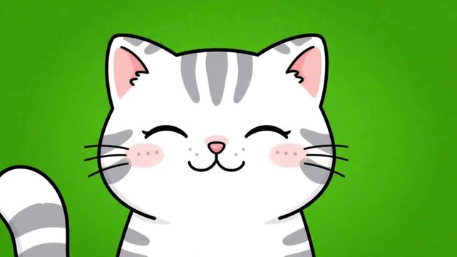 Adorably Smiling Grey Striped Cat Head Cartoon on Green Screen. 4K Video