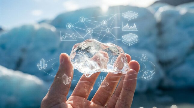 Hand holding a chunk of glacial ice against a glacier background with glowing digital climate data and icons