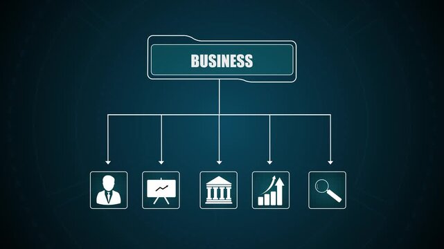 Business hierarchy organization chart, corporate management system structure with strategy, growth, and analytics icons, glowing blue HUD loop