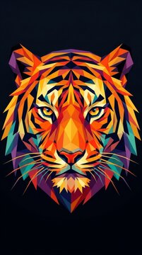 Colorful tiger face portrait in geometric polygon pop art style against dark background with big cat portrait colorful geometric