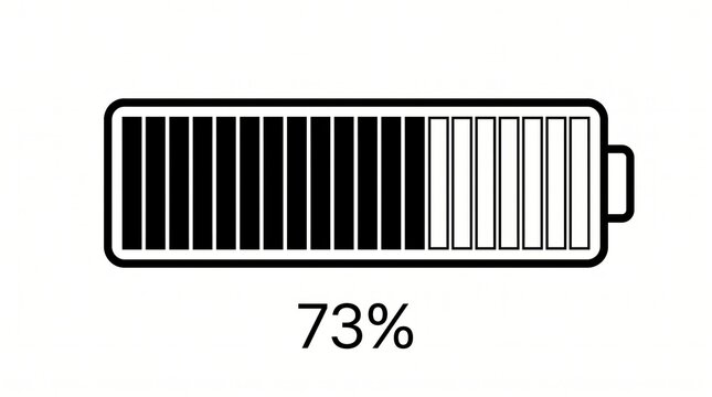Horizontal battery level indicator showing seventy three percent charge with percentage indicator power bar charge status