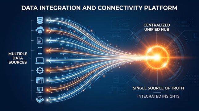Infographic showing multiple data sources connecting into a centralized unified hub. Concept of data integration and business connectivity platform.