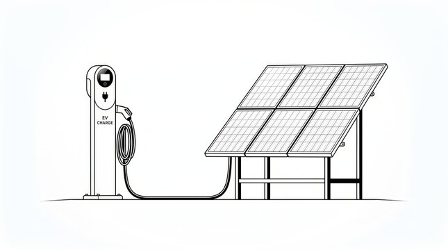 Line drawing diagram showing solar panels connected to an electric vehicle charging station with renewable energy