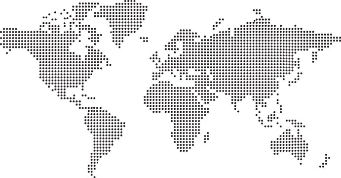 Dotted world map illustration made of black halftone circles