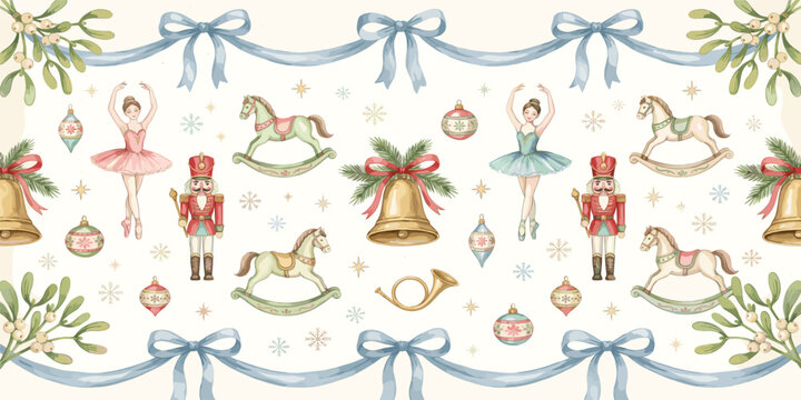 Watercolor Nutcracker Christmas Seamless Pattern with Blue Ribbon Lattice, Ballerina and Holiday Characters