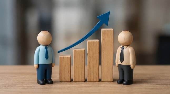 Two wooden peg dolls standing on either side of an upward trending wooden bar chart with a blue arrow. Concept of corporate team success and business growth presentation.