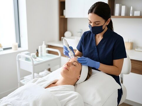 Professional esthetician administering advanced facial treatment with precision device in modern spa setting