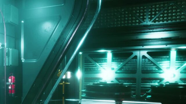 Bright lights shine in a high tech indoor area. The scene shows doors, control panels, and equipment. The location looks modern and designed for advanced activities or experiments.