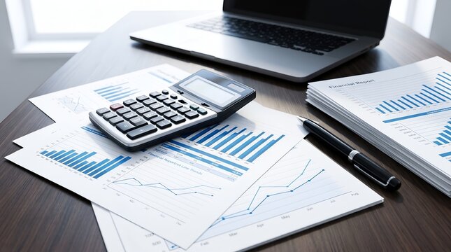 Calculator and financial report documents on an office desk. Concept of corporate accounting and business financial analysis.