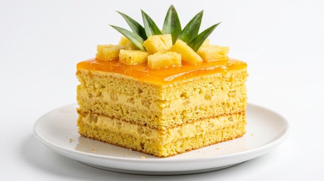 Layered pineapple sponge cake with mango glaze and garnish.