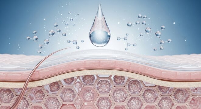 Illustration of skin hydration with water droplet penetrating epidermal layers for moisturizing effect