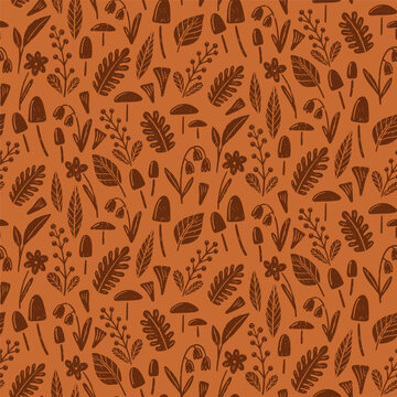 Autumn Woodland Botanical Seamless Pattern with Hand Drawn Foliage and Mushrooms