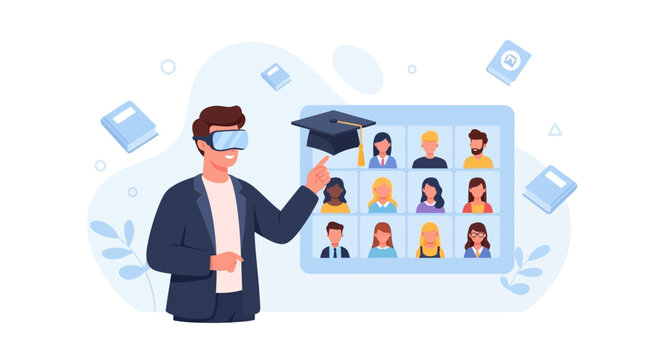 Man in VR headset interacting with virtual classroom on tablet, online education, e-learning, digital learning, remote class