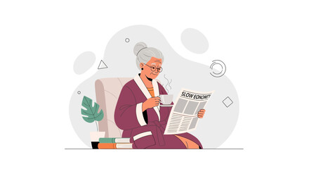 Obraz premium Elderly Woman Relaxing with Coffee and Newspaper, Reading About the Slow Economy