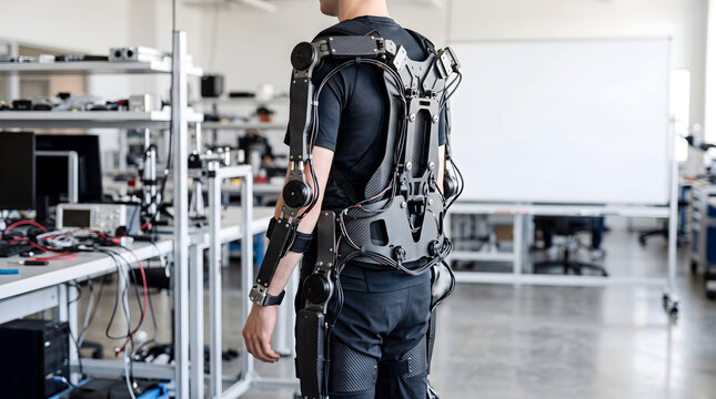 Human wearing upper body exoskeleton in laboratory, robotics innovation concept