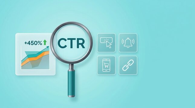 CTR optimization, click through rate, digital marketing analytics concept with magnifying glass and growth chart.