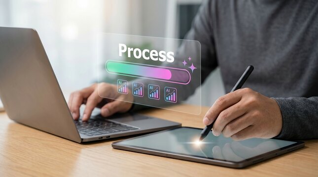 Process automation, digital workflow, business productivity concept with tablet and glowing process dashboard.