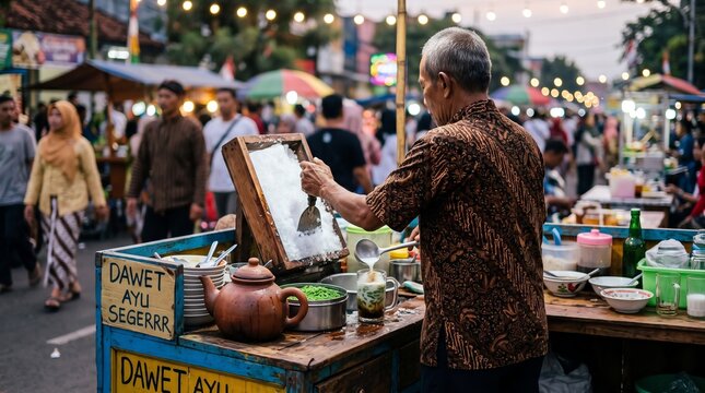 Indonesian street vendor preparing traditional sweet drink dawet ayu at a busy evening night market