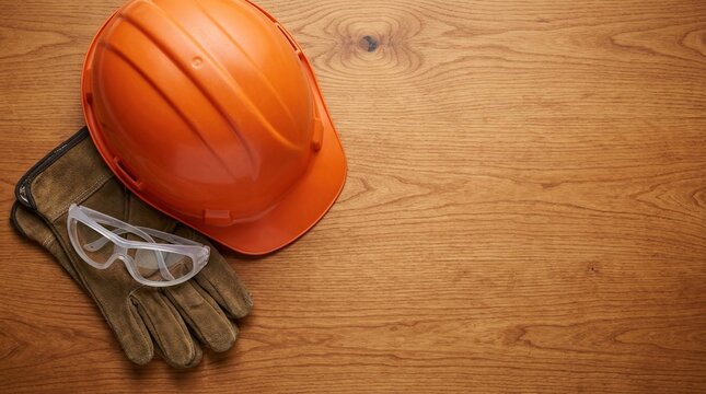 Safety equipment, construction protection, industrial workplace concept with hard hat, gloves and goggles.