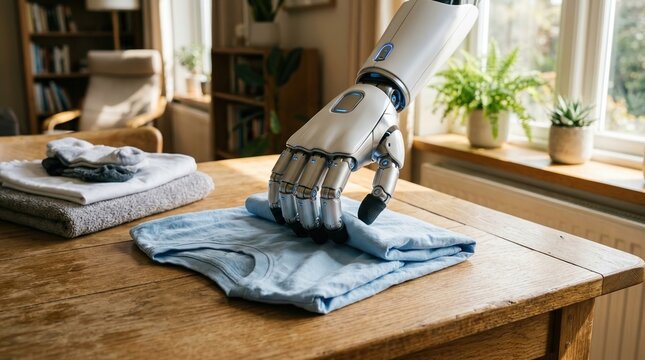 Robotic housekeeping, home automation, future lifestyle concept with robot hand folding clothes.