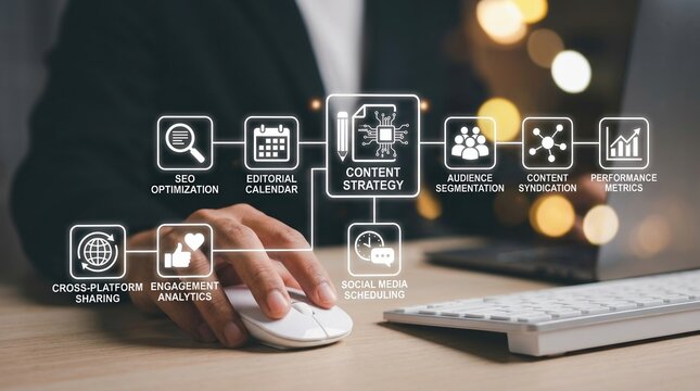 Content strategy, digital marketing, social media workflow concept with marketing planning icons on computer.