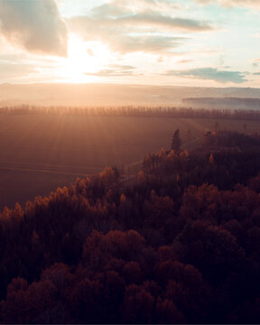 Aerial view of a dense forest and open fields bathed in the warm golden light of sunset with a misty horizon in CZ.