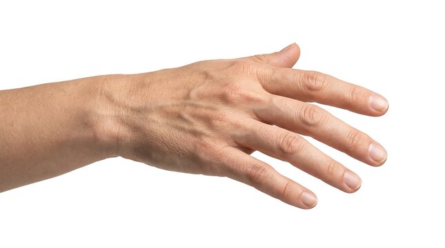 Close up of an elderly person hand reaching out isolated on white background.