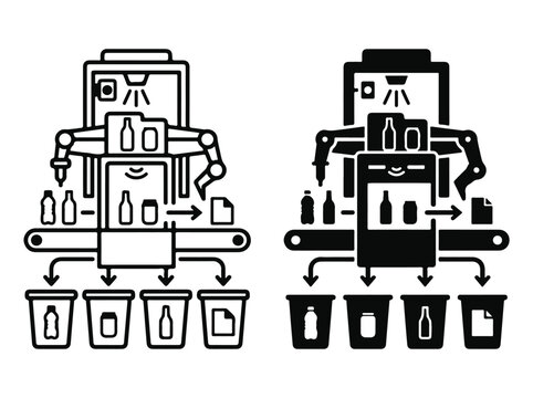 Automated Waste Sorting Robot Line and Glyph Vector Icons