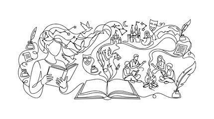 Obraz premium Imagination and Storytelling: Woman Reading Book, Fantasy World Erupts