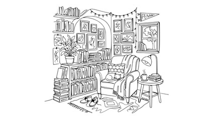 Fototapeta premium Cozy Reading Nook Illustration - Armchair, Bookshelves, Window, String Lights