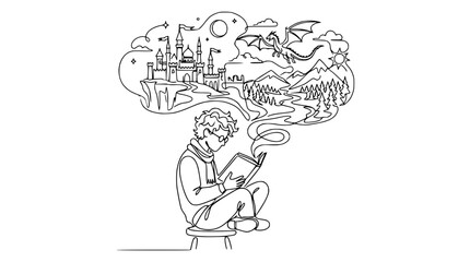 Fototapeta premium Boy Reading Book Imagining Fantasy World Castle Dragon Mountains Isolated