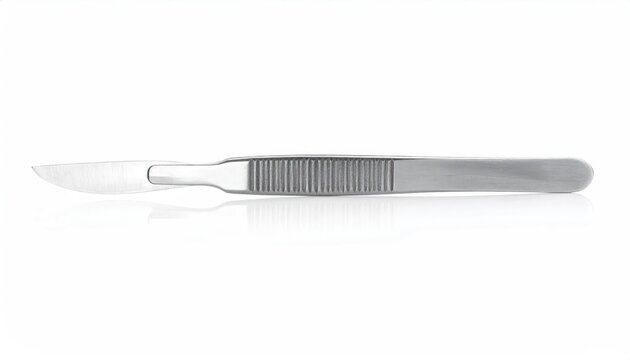 Isolated metallic surgical scalpel with a sharp blade, gleaming against a white background