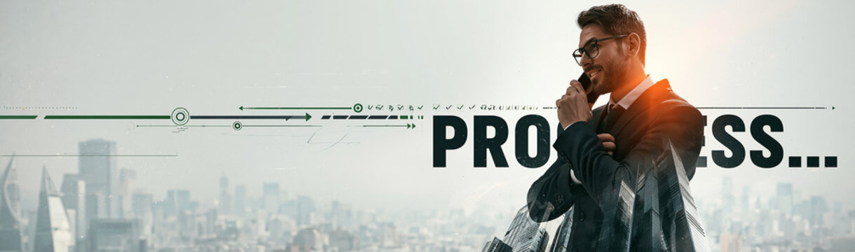 The Journey of Progress: A determined businessman, clad in a sharp suit and glasses, stands on a rooftop overlooking a sprawling cityscape, engaged in a mobile conversation, with the word PROGRESS...