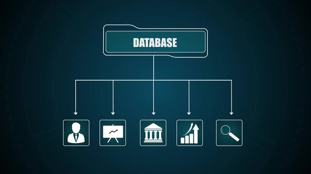 Digital database hierarchy diagram with connected business icons, abstract network structure visualization, glowing futuristic user interface element for tech project