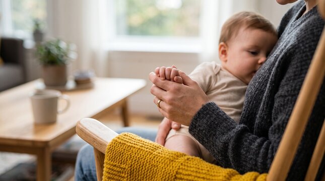 Mother holding her baby close while sitting in a rocking chair indoors