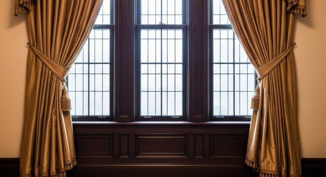 Elegant tall window draped in golden curtains with dark wood trim