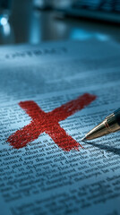Fototapeta premium Red X on Contract: A close-up shot of a contract document with a prominent red 'X' mark, signifying rejection or cancellation, with a pen poised nearby.