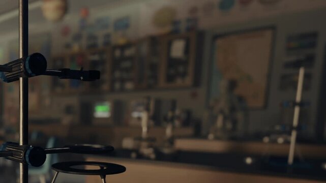 In a science classroom, various lab equipment is visible. The room is well organized with maps hanging on the walls. Students are likely engaged in a lesson or project at this time.