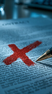 Red X on Contract: A close-up shot of a contract document with a prominent red 'X' mark, signifying rejection or cancellation, with a pen poised nearby.